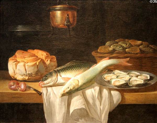 Carp & Pike painting (1652) by Pieter van Boucle (aka Van Boeckel) of Netherlands at Museum of Fine Arts, Houston. Houston, TX.