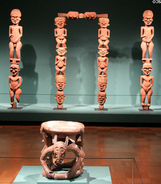 Royal stool (early-mid 19thC) & royal palace posts (late 19th-early 20thC) from Cameroon at Museum of Fine Arts, Houston. Houston, TX.