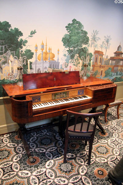 Gibson & Davis square grand piano from New York City under mural wallpaper with Indian scene in Music Room at Bayou Bend. Houston, TX.