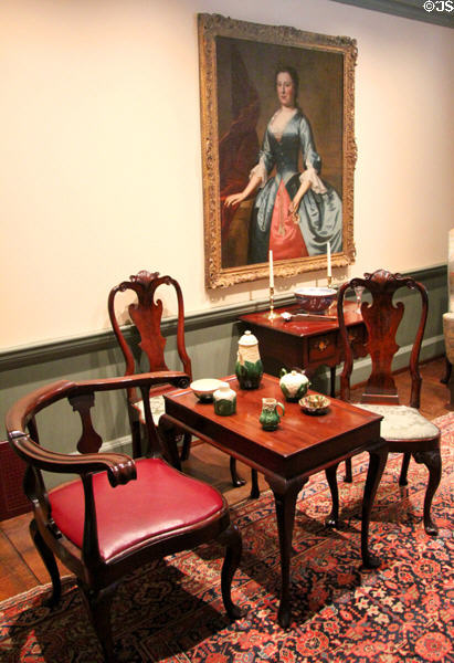 Portrait of Mrs. Samuel McCall, Sr. (1746) by Robert Feke over tea table in Queen Anne Suite at Bayou Bend. Houston, TX.