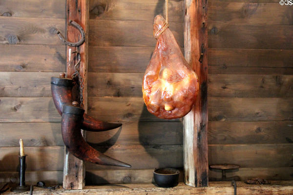 Powder horns & cured ham in Old Place at Sam Houston Park. Houston, TX.