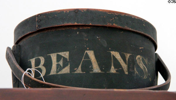 Wooden box with stenciled word beans at Kellum-Noble House at Sam Houston Park. Houston, TX.