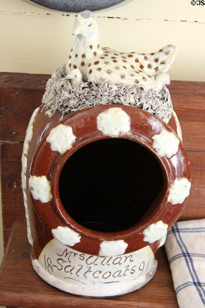 Mrs. Allan Saltcoats ceramic vessel (1891) with sculpted chicken on nest in San Felipe Cottage at Sam Houston Park. Houston, TX.