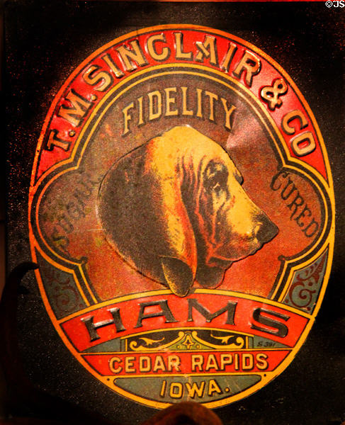 Sign for Sinclair Hams, Cedar Rapids, IA in General Store at Sam Houston Park. Houston, TX.