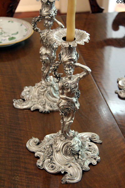 Silver candlesticks (1752) by Robert Tyrill in dining room at Rienzi house museum. Houston, TX.