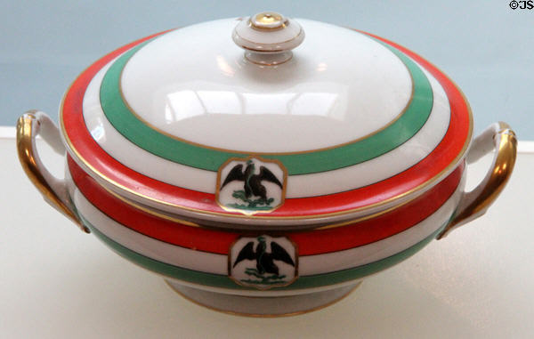 Porcelain tureen in red, white & green with Mexican eagle at Rienzi house museum. Houston, TX.