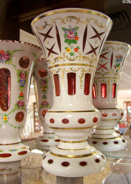 Bohemian cut glass colored beakers at Czech Cultural Center. Houston, TX.