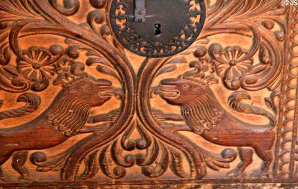 Carving details on Spanish chest at Spanish Governor's Palace. San Antonio, TX.