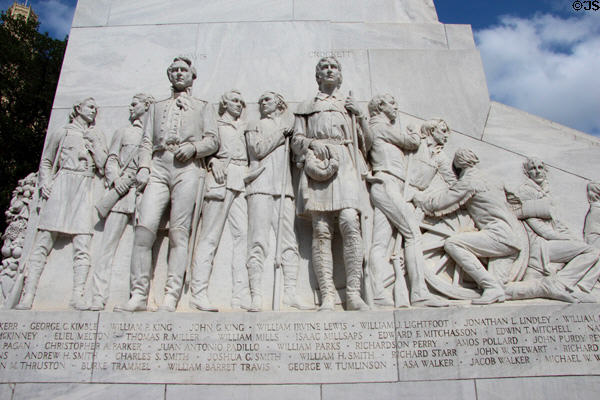 Men who died at the Alamo including William B. Travis & David Crockett on west panel of Alamo Cenotaph. San Antonio, TX.