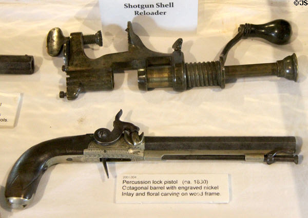 Antique shotgun shell reloader & percussion lock pistol (c1830) at Pioneer Museum. Fredericksburg, TX.