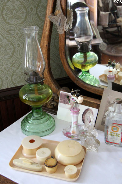 Oil lamp with hatpins & ivory dresser set at Sauer-Beckmann Farmstead. Stonewall, TX.