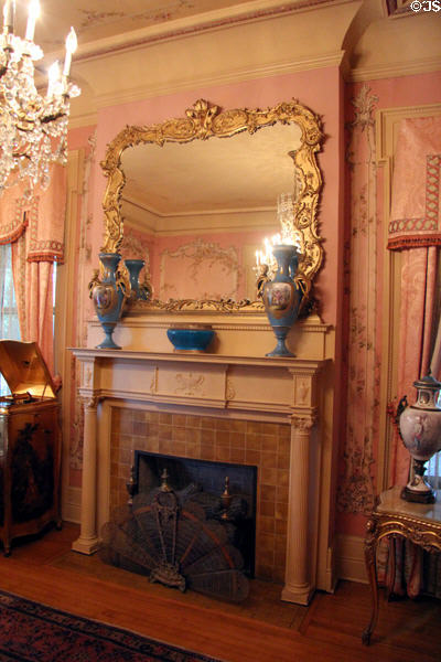 Fireplace & mirror in pink parlor at McFaddin-Ward House. Beaumont, TX.