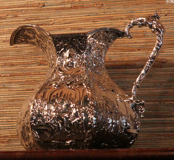 Ornate silver pitcher in dining room at McFaddin-Ward House. Beaumont, TX.