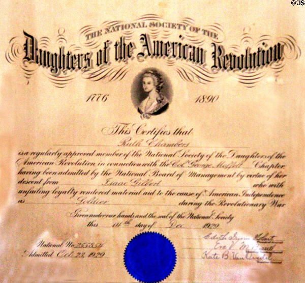 Certificate (1929) of Ruth Chamber's membership in the Daughters of the American Revolution at Chambers House Museum. Beaumont, TX.