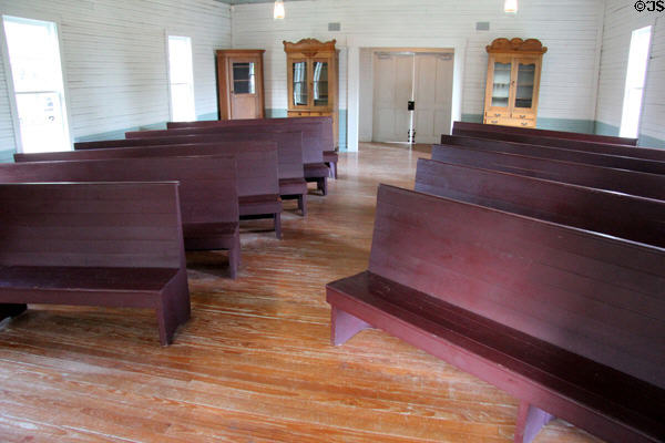 Pews in church at historic village of Mayborn Museum. Waco, TX.