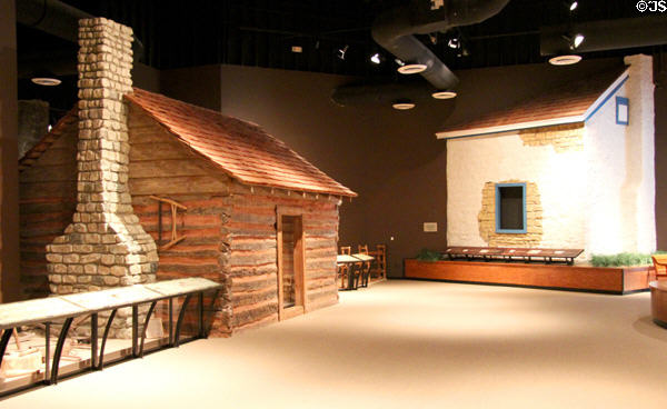 Log House & Norwegian Rock House in Texas Lifeways Room at Mayborn Museum. Waco, TX.