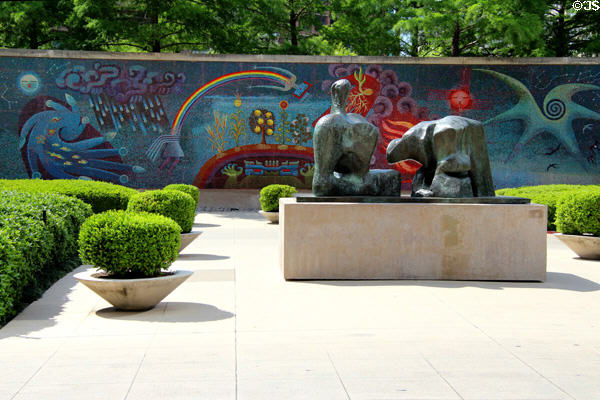 Henry Moore stabile with Genesis mosaic mural at Dallas Museum of Art. Dallas, TX.