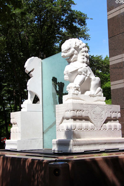 Modern split version of traditional Chinese lion in fountain at Trammell Crow Center. Dallas, TX.