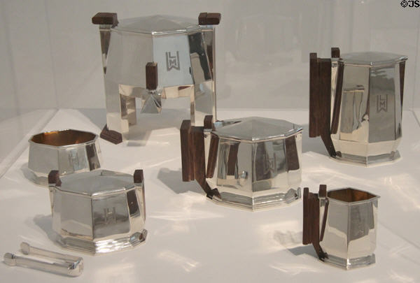 Silver Art Deco tea & coffee service (c1925) by Jean Emile Puiforcat of Paris exhibited at Paris International des Arts Décoratifs et Industriels at Dallas Museum of Art. Dallas, TX.