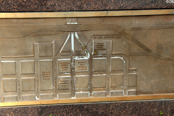 Plaque in Dealey Plaza shows tragic JFK motorcade route. Dallas, TX.