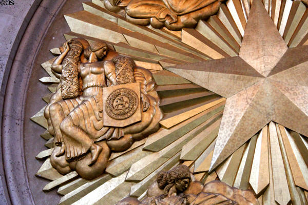 Symbol of Confederate States on six flags gold medallion by Joseph E. Renier in Great Hall of State at Fair Park. Dallas, TX.