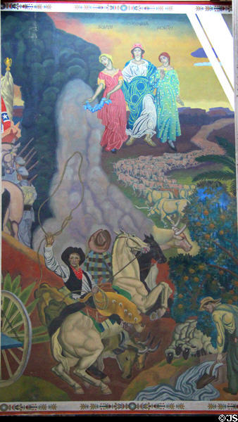Post Civil War & cowboys section of Texas History mural in Great Hall of State at Fair Park. Dallas, TX.