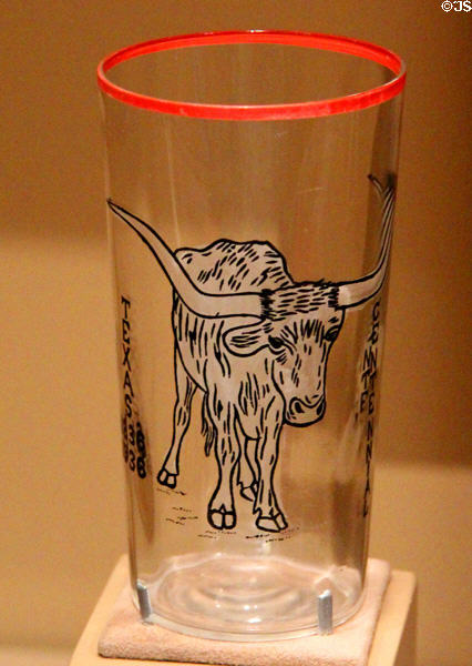 Texas Centennial Exposition (1936) souvenir juice glass (lent: private collection) at Bullock Texas State History Museum. Austin, TX.