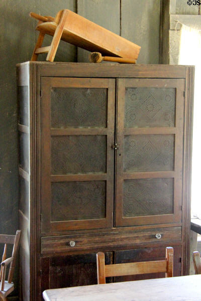 Kitchen pie safe in Frederick Jourdan cabin at Pioneer Farms. Austin, TX.