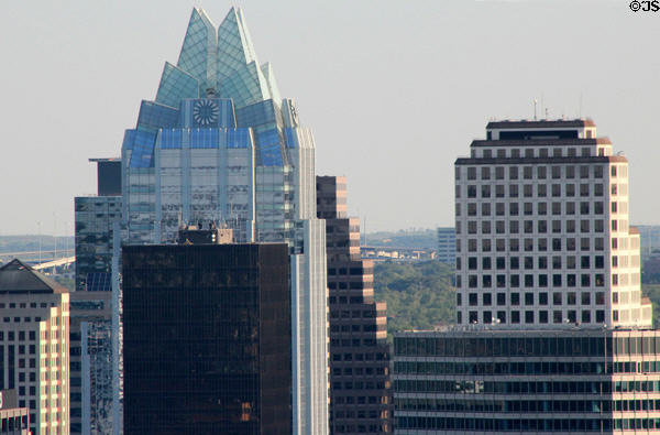 Frost Bank Tower & Austin highrises from Texas Tower of University of Texas. Austin, TX.