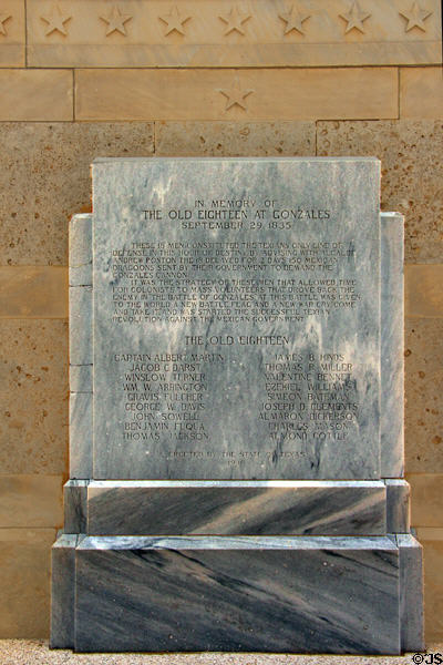 Memorial to the Old Eighteen who on Oct. 2, 1835 held off 150 Mexican Dragoons who came to Gonzales to take the town canon at Gonzales Historical Memorial. Gonzales, TX.
