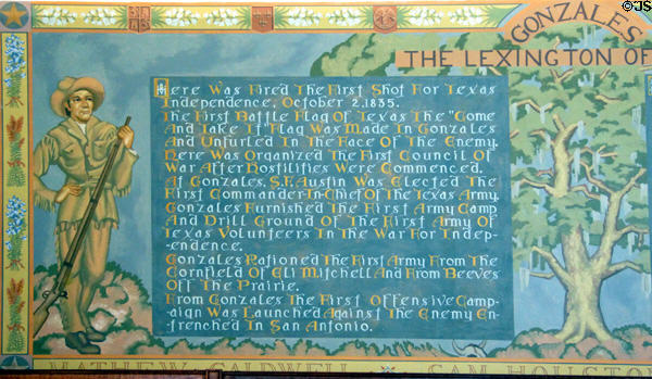 Detail of Gonzales the Lexington of Texas mural (1938) by James Buchanan Winn Jr. at Gonzales Historical Memorial. Gonzales, TX.