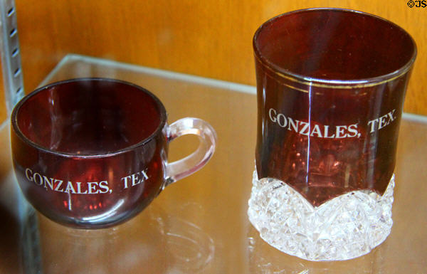 Texas Centennial commemorative ruby glass (1936) at Gonzales Historical Memorial. Gonzales, TX.