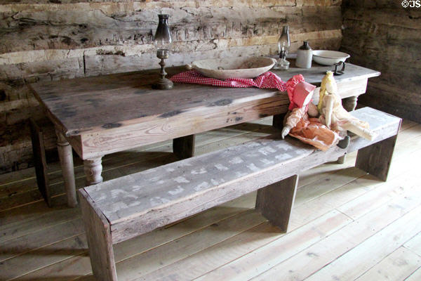 Table & bench in Knowles Townsend house at Pioneer Village. Gonzales, TX.