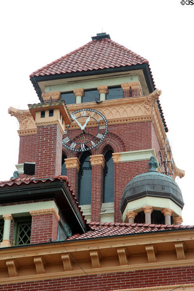 Clock tower of Gonzales County Courthouse. Gonzales, TX.