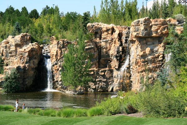 Mountain garden beside waterfall at Thanksgiving Point Gardens. Lehi, UT.