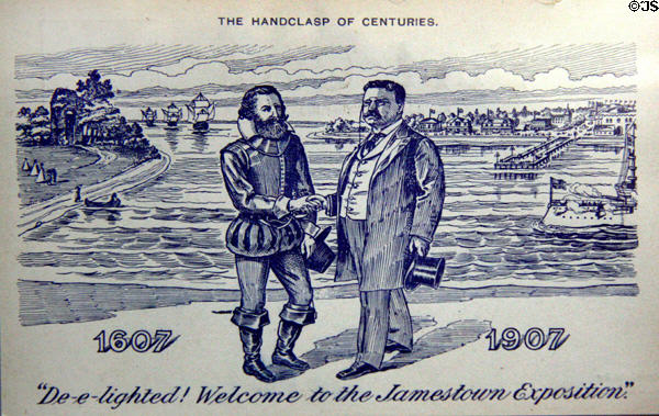 Jamestown Exposition (1907) postcard of Captain John Smith (1607) meeting Teddy Roosevelt at Moses Myers House museum. Norfolk, VA.