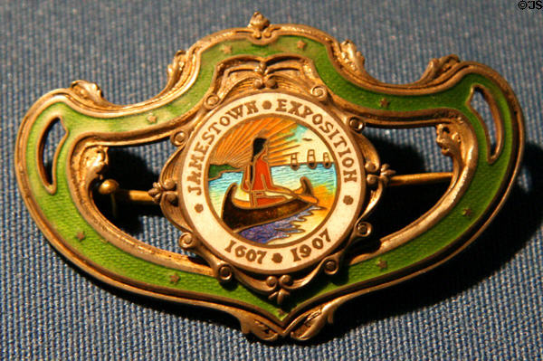 Jamestown Exposition (1907) souvenir brooch with Pocahontas at Hampton Roads Naval Museum. Norfolk, VA.