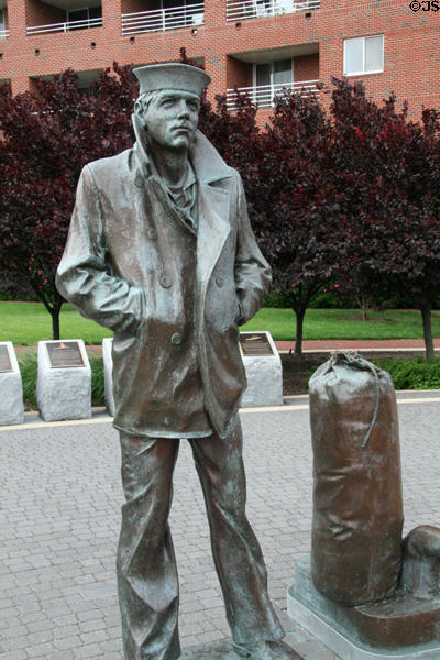 Replica sculpture of Lone Sailor by Stanley Bleifeld overlooks Battleship Wisconsin. Norfolk, VA.