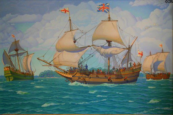 First English Settlers at Jamestown (1607) painting (1949) by Griffith Baily Coale at Virginia State Capitol Old Senate Hall. Richmond, VA.
