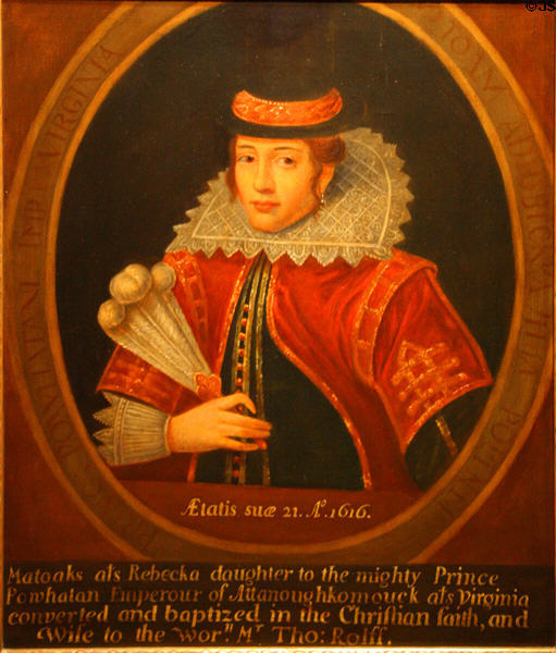 Europeanized portrait (1700s) of Pocahontas after engraving by Simon van de Passe (1616) at Museum of Virginia History. Richmond, VA.