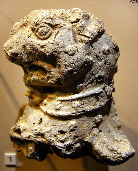 Plaster leopard head (c1630-40) part of Governor James Harvey's coat of arms excavated from his house in Jamestown National Park Museum. Jamestown, VA.