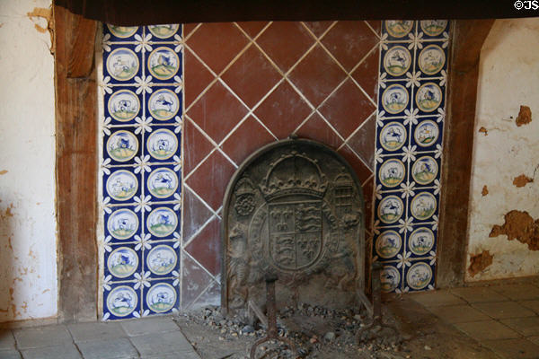Fireplace with Delft tiles inside governor's house in Fort James at Jamestown Settlement. Jamestown, VA.