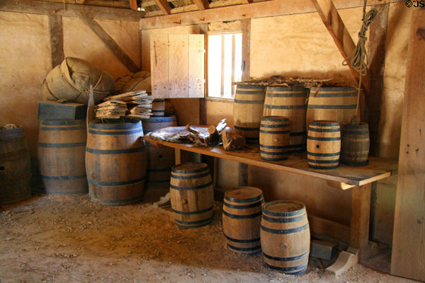 Barrels in storehouse at Jamestown Settlement. Jamestown, VA.