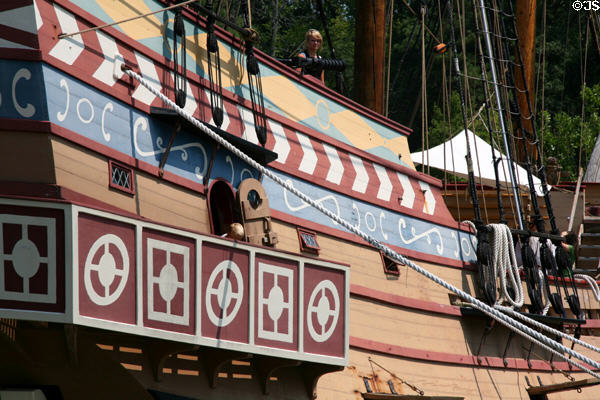 Decorative detail of Susan Constant replica at Jamestown Settlement. Jamestown, VA.