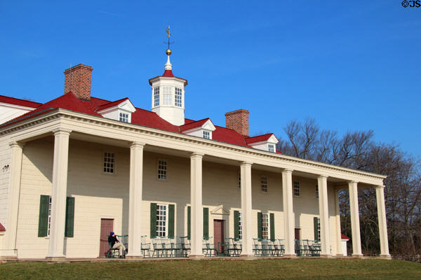 Mt Vernon porch which overlooks Potomac River. Washington, VA.