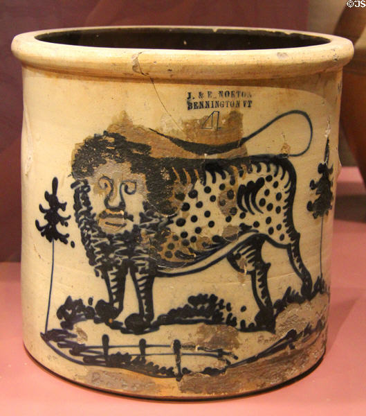 Stoneware crock (1855-9) painted with lion prob. by John Hilfinger of J&E Norton Pottery of Bennington, VT at Bennington Museum. Bennington, VT.
