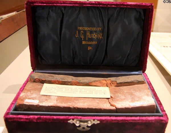 Brick from Graf House (demolished 1884) in Philadelphia where Thomas Jefferson wrote Declaration of Independence at Vermont History Center. Barre, VT.