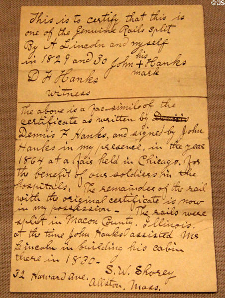 Certificate to specify authenticity of wood from last rail fence split by Abraham Lincoln at Vermont History Center. Barre, VT.