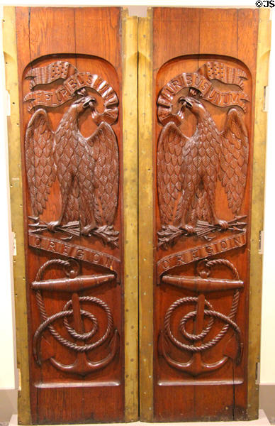 Carved gangway headboards from USS Oregon (1896) at Vermont History Center. Barre, VT.