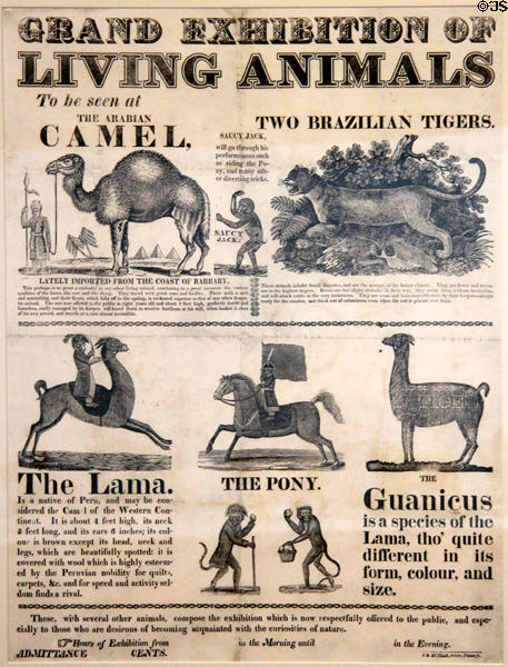 Grand Exhibition of Living Animals poster (c1830) from Pittsburgh, PA in circus building at Shelburne Museum. Shelburne, VT.